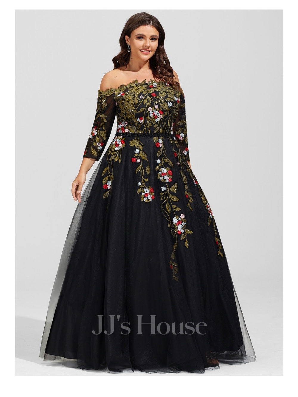 JJs House Black Off-Shoulder Embroidered Evening Dress Plus Size 22‎ W